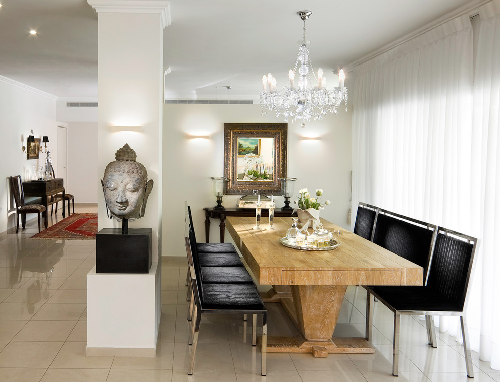 Inspiration for an eclectic dining room in Other with white walls.