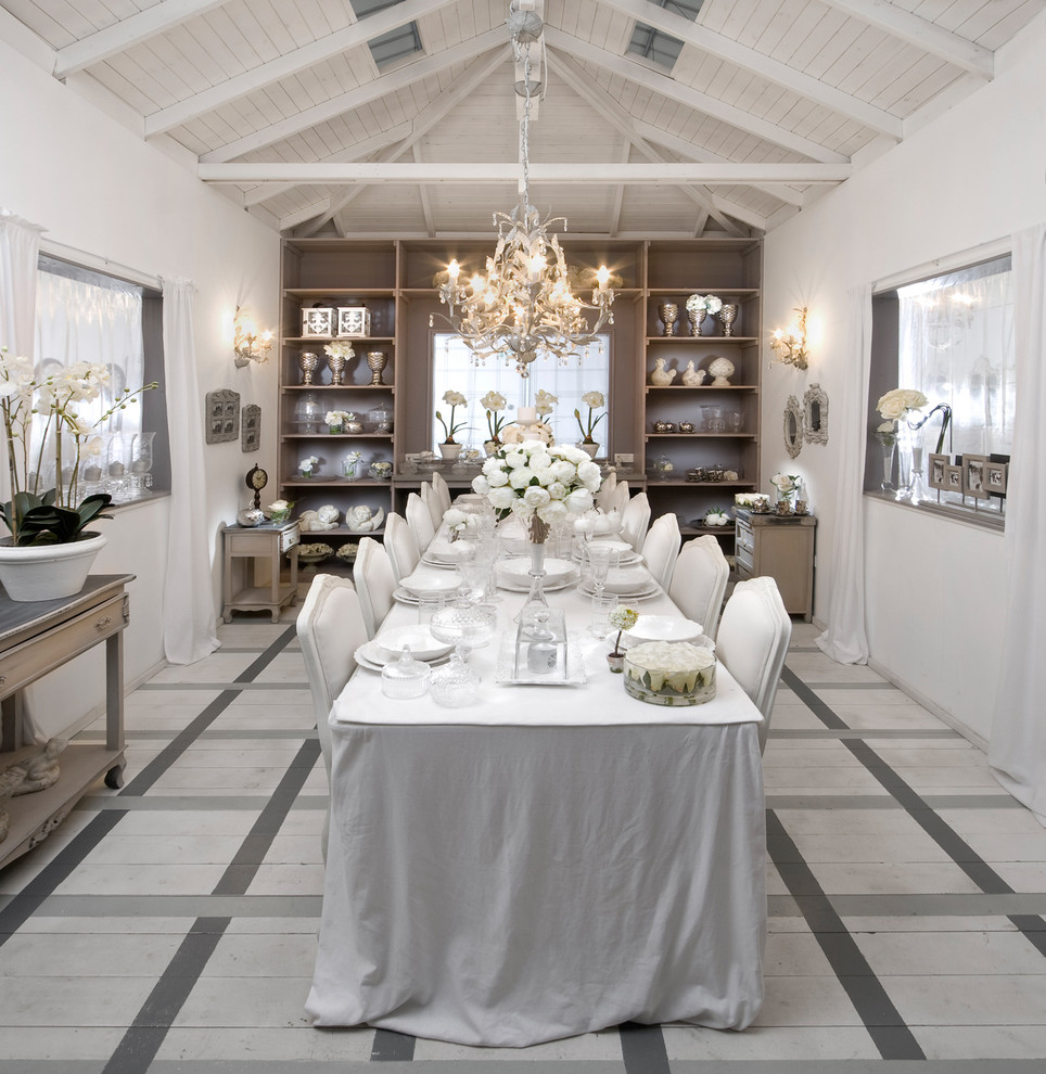 Inspiration for a shabby-chic style painted wood floor and multicolored floor dining room remodel in Other