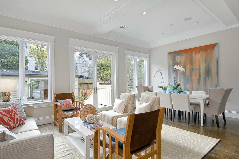 Example of a classic dark wood floor dining room design in San Francisco with gray walls
