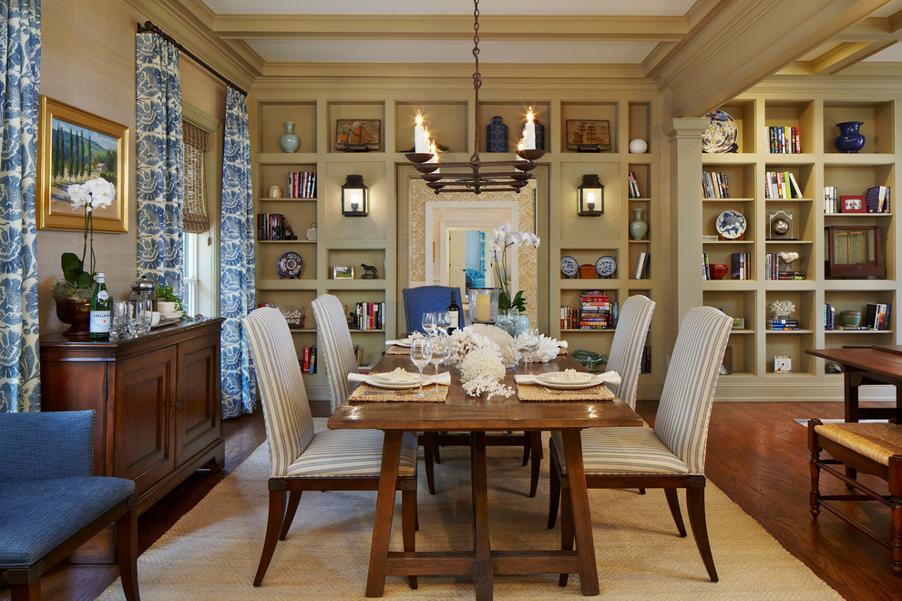 Dining room - traditional dark wood floor dining room idea in Miami with beige walls