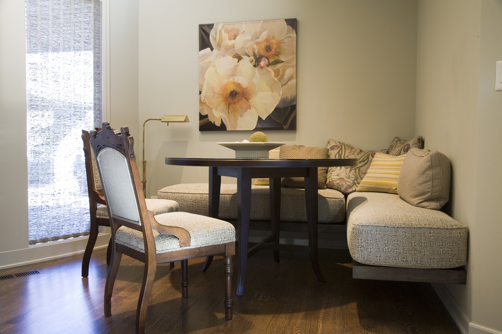 Inspiration for a traditional dining room in Portland with grey walls and medium hardwood flooring.