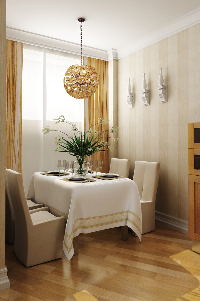 Idee per una piccola sala da pranzo tropicale chiusa con pareti bianche e pavimento in legno massello medio