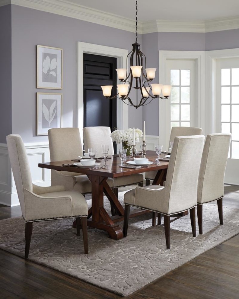 Inspiration for a large traditional enclosed dining room in Philadelphia with purple walls, medium hardwood flooring, no fireplace and brown floors.