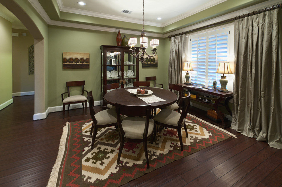 Inspiration for a large timeless dark wood floor great room remodel in Houston with green walls