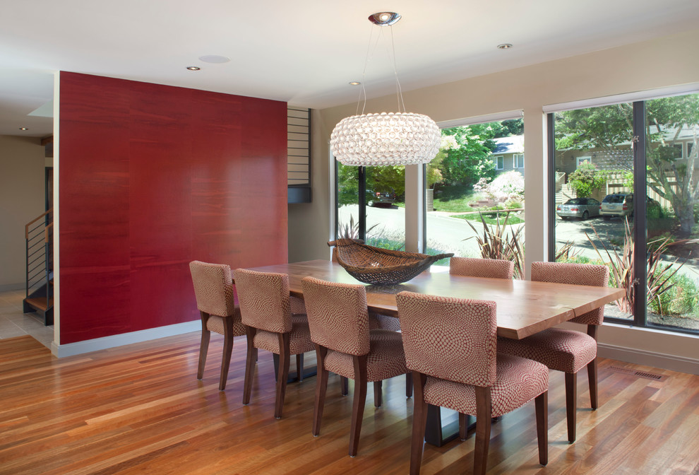 Dining room - contemporary medium tone wood floor dining room idea in San Francisco with beige walls