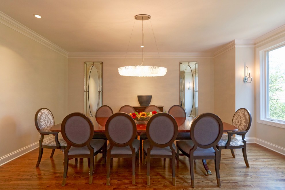 Dining room - large transitional medium tone wood floor dining room idea in Chicago