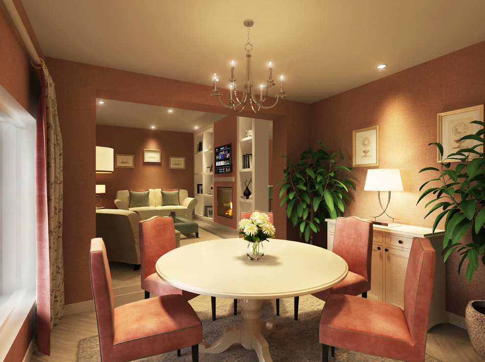 Exemple d'une petite salle à manger ouverte sur le salon moderne avec un mur rose, sol en stratifié, une cheminée double-face et un sol gris.