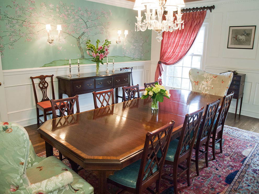 Example of a classic dark wood floor dining room design in Cleveland with multicolored walls and no fireplace