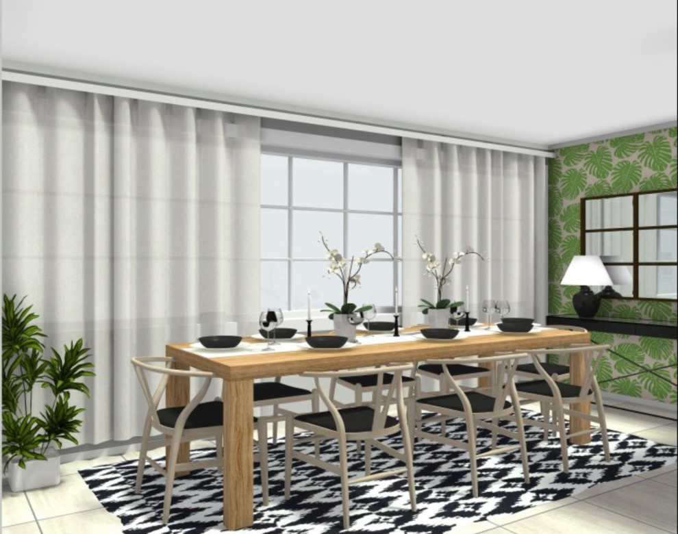 Diseño de comedor de cocina contemporáneo de tamaño medio con paredes verdes, suelo de baldosas de cerámica y papel pintado