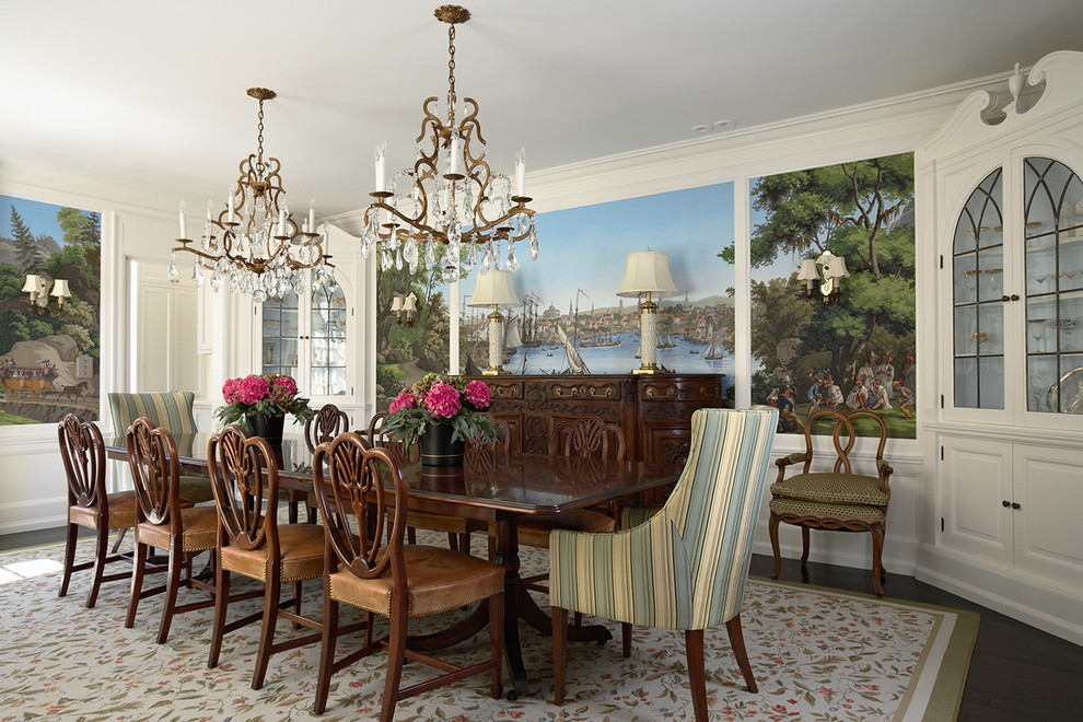 Mid-sized elegant dark wood floor enclosed dining room photo in Minneapolis with white walls