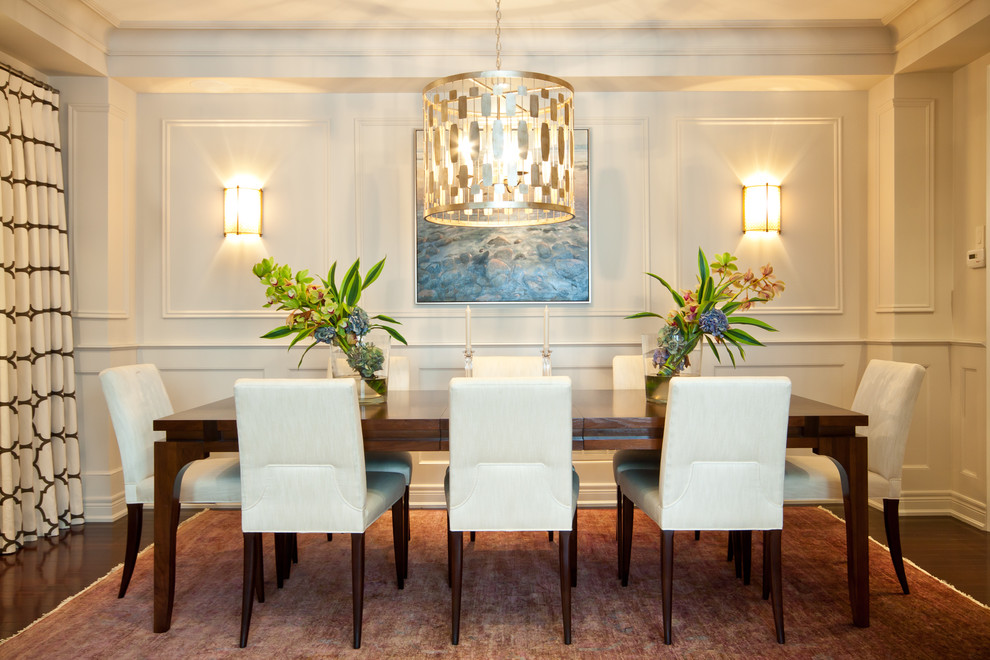 Dining room - transitional dark wood floor dining room idea in Toronto with white walls