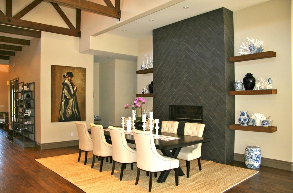 Large tuscan dark wood floor great room photo in San Francisco with white walls, a ribbon fireplace and a tile fireplace