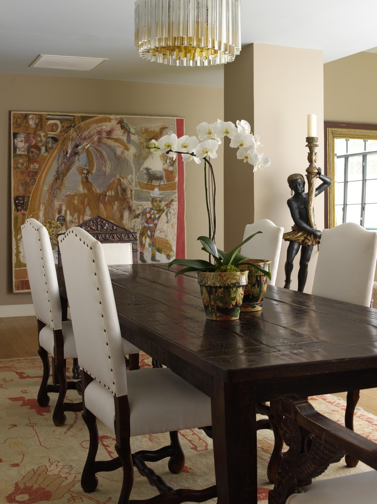 Mid-sized elegant light wood floor great room photo in New York with beige walls and no fireplace