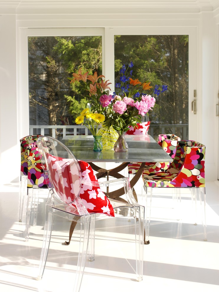Large trendy laminate floor and white floor enclosed dining room photo in New York with white walls and no fireplace