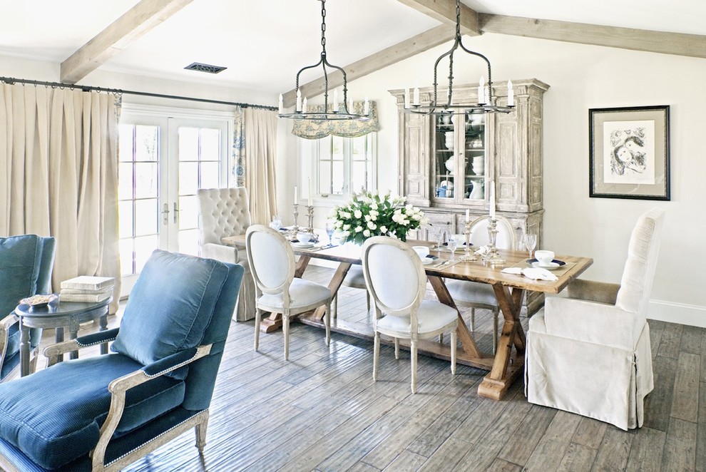French country dark wood floor dining room photo in Phoenix with beige walls