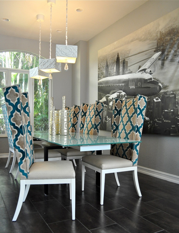 Inspiration for a contemporary dining room in Kansas City with grey walls.