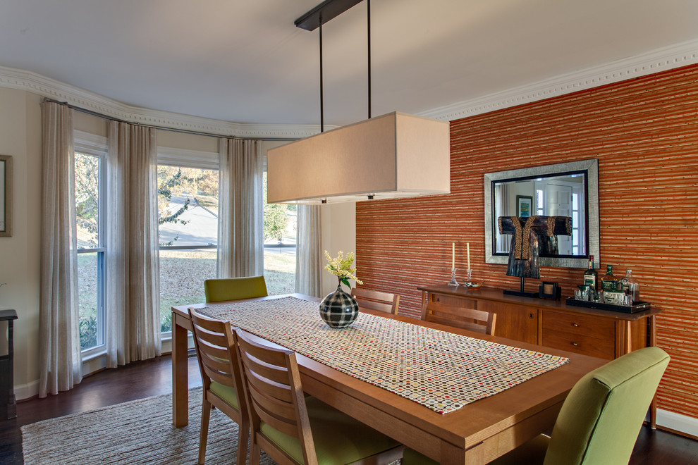 Inspiration for a modern dining room remodel in Nashville with orange walls