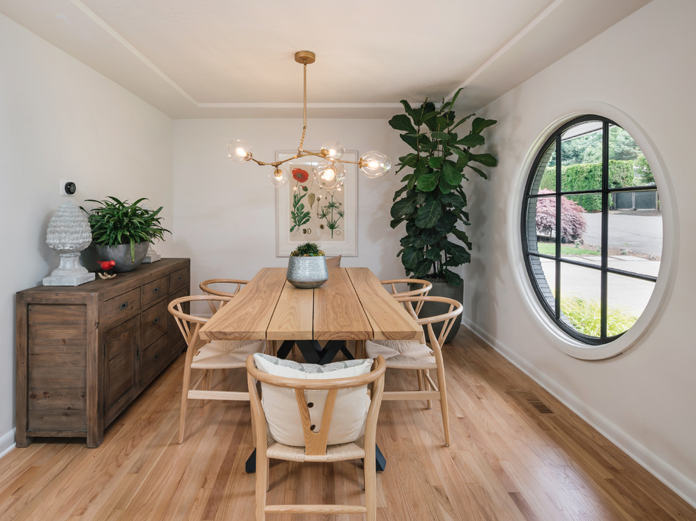 Contemporary enclosed dining room in Portland with white walls, medium hardwood flooring, no fireplace and brown floors.