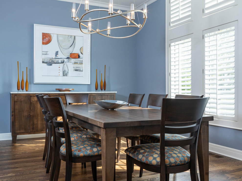 Стильный дизайн: большая кухня-столовая в стиле модернизм с синими стенами, паркетным полом среднего тона и коричневым полом - последний тренд
