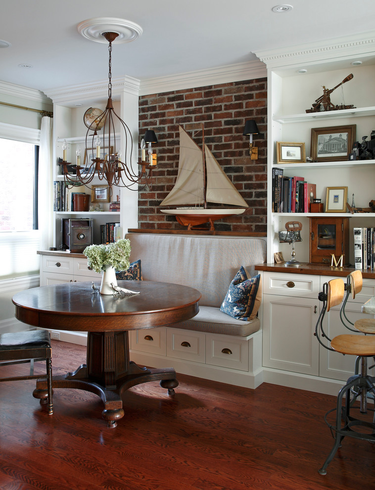 Kitchen/dining room combo - small rustic dark wood floor kitchen/dining room combo idea in Toronto with white walls and no fireplace