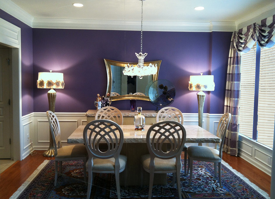Design ideas for an enclosed dining room in Philadelphia with purple walls, dark hardwood flooring and no fireplace.