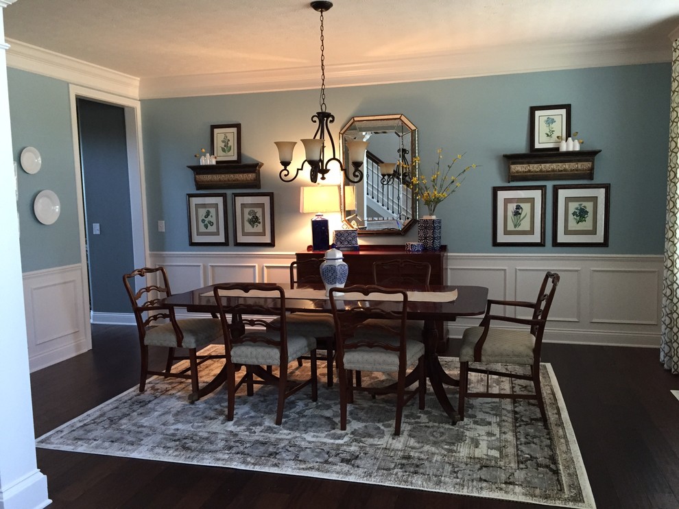 Inspiration for a timeless dark wood floor kitchen/dining room combo remodel in Indianapolis with blue walls and no fireplace