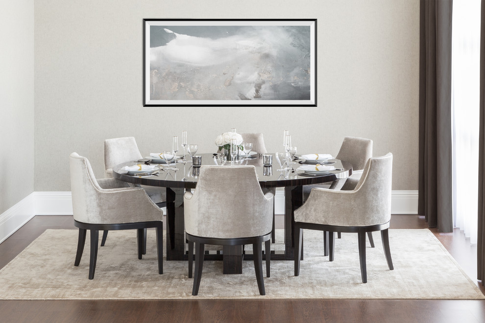 Design ideas for a contemporary dining room in London with grey walls, dark hardwood flooring and brown floors.