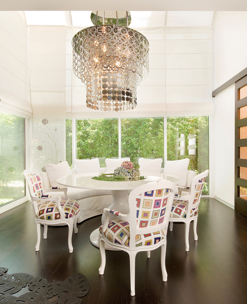 Eclectic dark wood floor dining room photo in Other with white walls