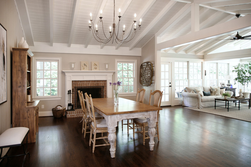 Design ideas for a large country kitchen/dining room in Atlanta with grey walls and dark hardwood flooring.