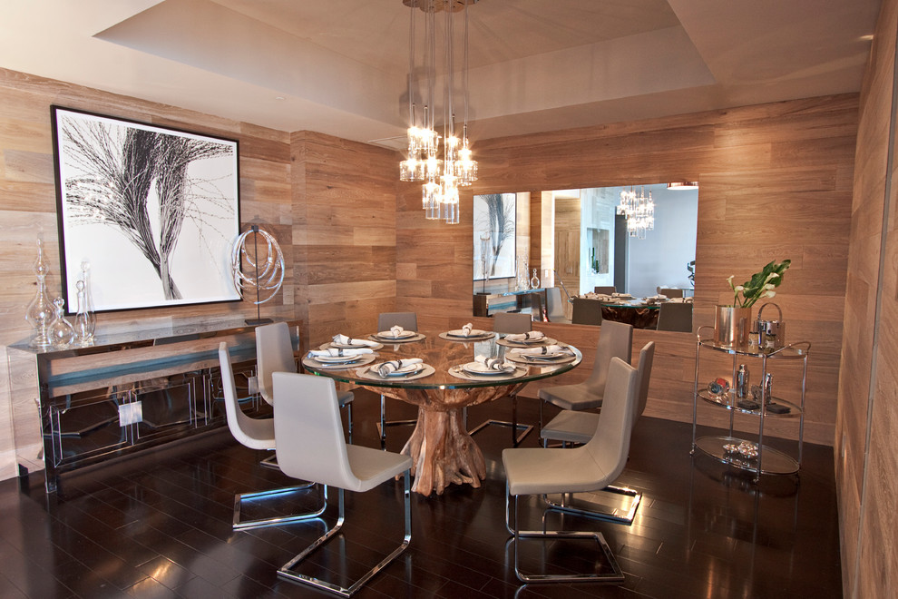 Dining room - contemporary dark wood floor and brown floor dining room idea in Miami