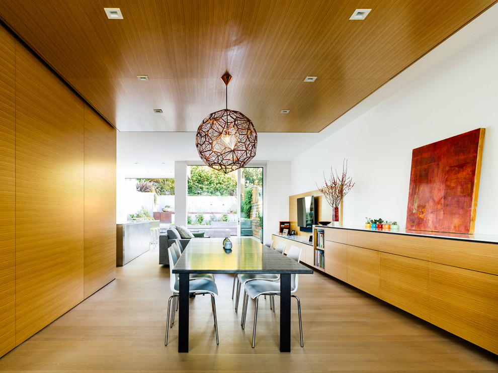 Inspiration for a contemporary light wood floor great room remodel in San Francisco with white walls