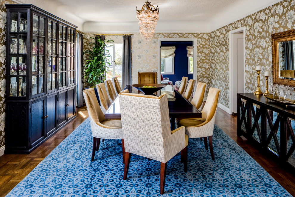 Example of a transitional dark wood floor enclosed dining room design in San Francisco with metallic walls