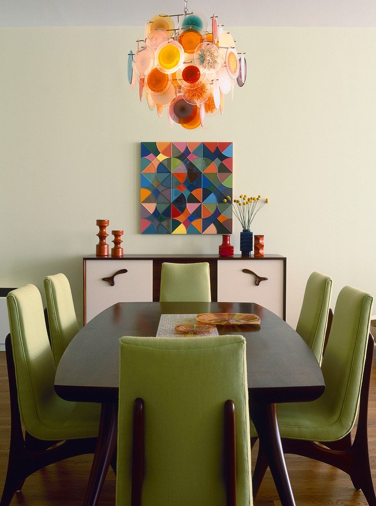 Inspiration for a retro dining room in New York with white walls and dark hardwood flooring.