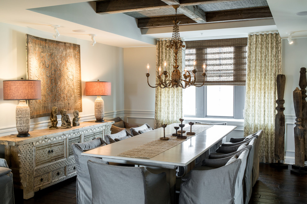 Example of a transitional dark wood floor dining room design in Baltimore with gray walls