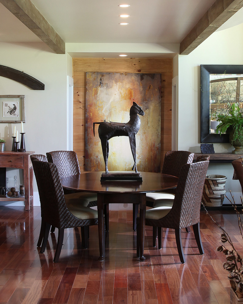 Dining room - large traditional dark wood floor dining room idea in Atlanta with white walls