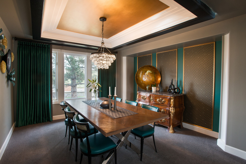 Mid-sized transitional carpeted enclosed dining room photo in Denver with no fireplace