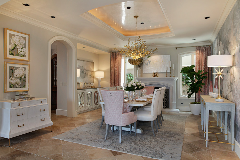 Inspiration for a huge transitional travertine floor and brown floor enclosed dining room remodel in Orange County with multicolored walls, a standard fireplace and a stone fireplace