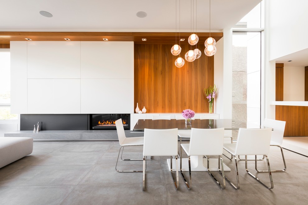 Идея дизайна: большая гостиная-столовая в современном стиле с бетонным полом и горизонтальным камином