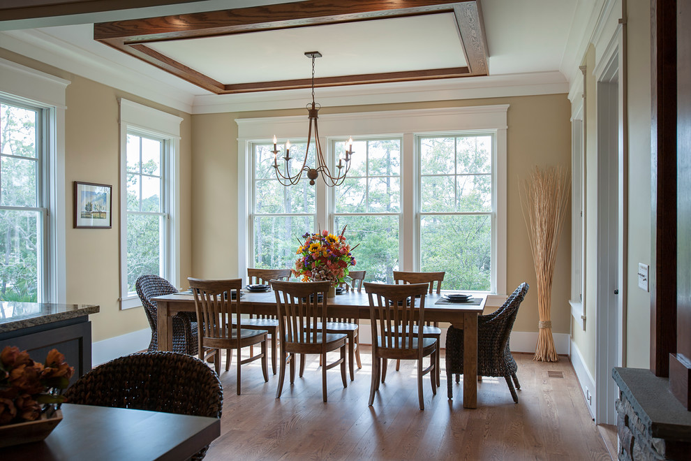 Example of a classic dining room design in Charleston with yellow walls