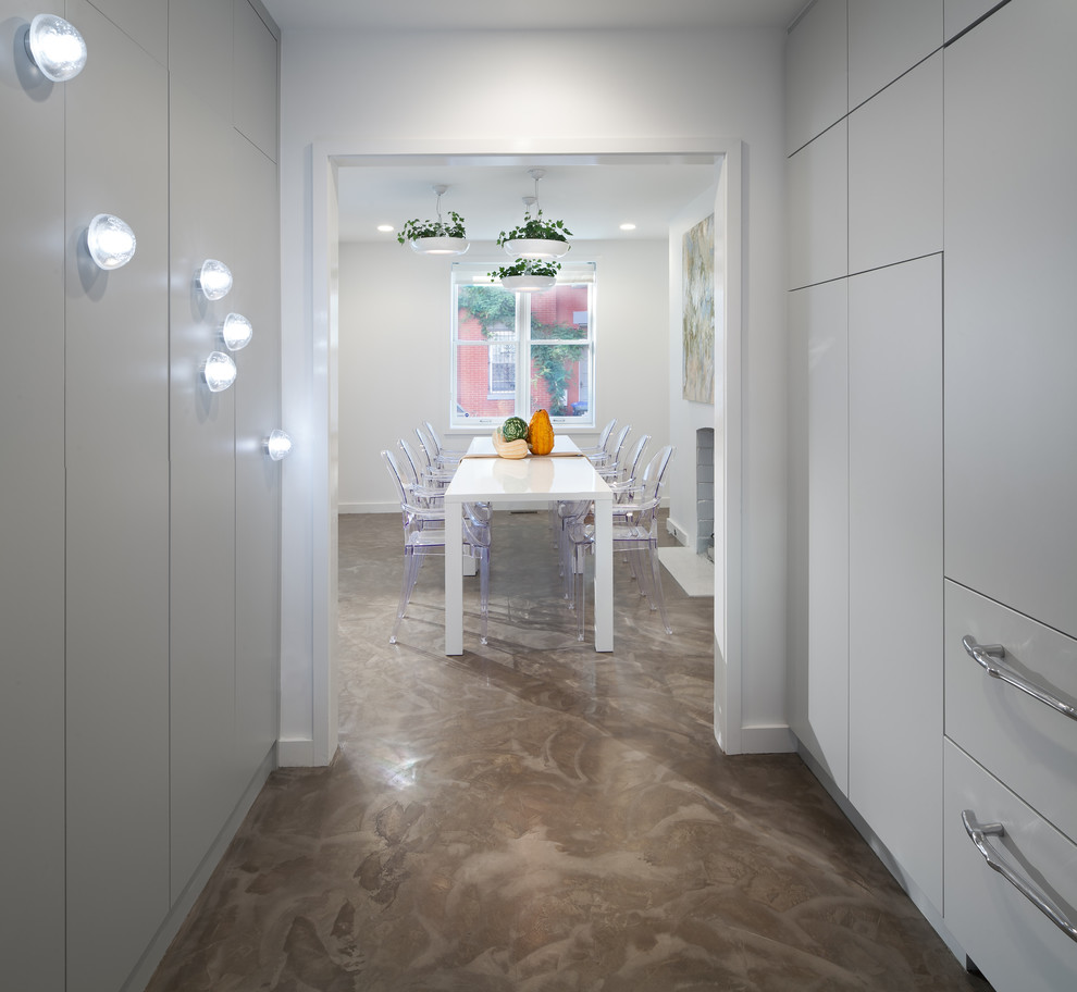 Example of a mid-sized eclectic concrete floor enclosed dining room design in DC Metro with white walls and no fireplace