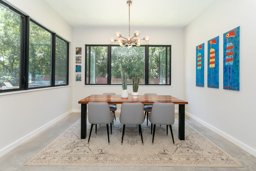 Trendy concrete floor and gray floor enclosed dining room photo in Austin with white walls