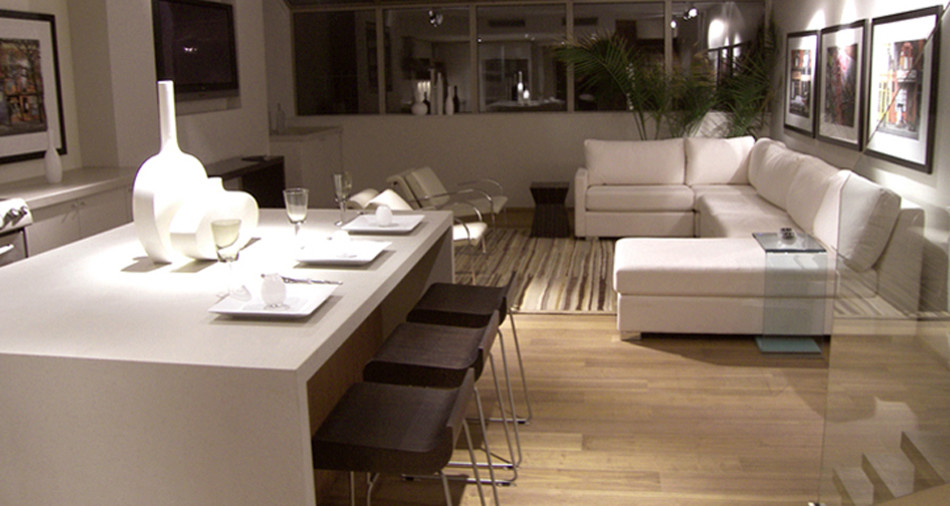 This is an example of a medium sized contemporary kitchen/dining room in Toronto with white walls.