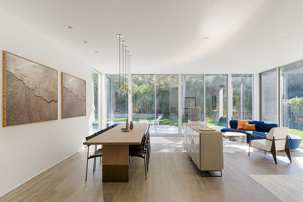 Esempio di una sala da pranzo aperta verso la cucina minimalista di medie dimensioni con pareti bianche e parquet chiaro