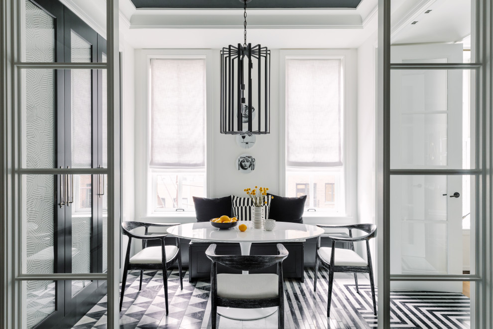 Contemporary dining room in Chicago with white walls, multi-coloured floors and a drop ceiling.