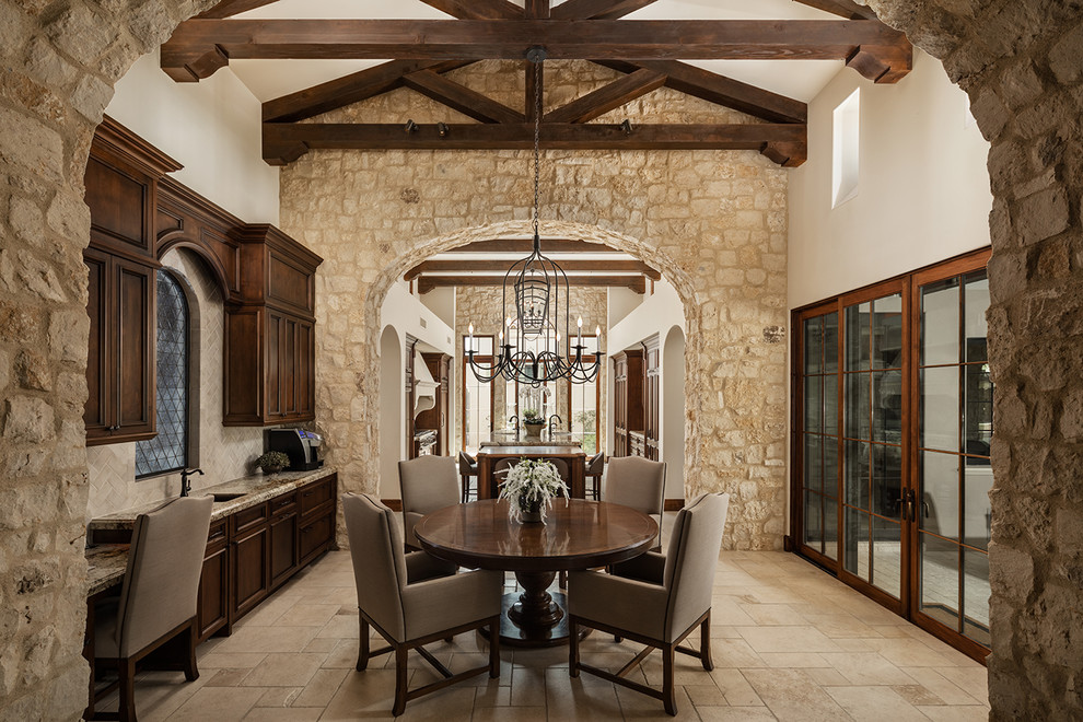 Enclosed dining room - mid-sized rustic travertine floor and beige floor enclosed dining room idea in Phoenix with white walls and no fireplace