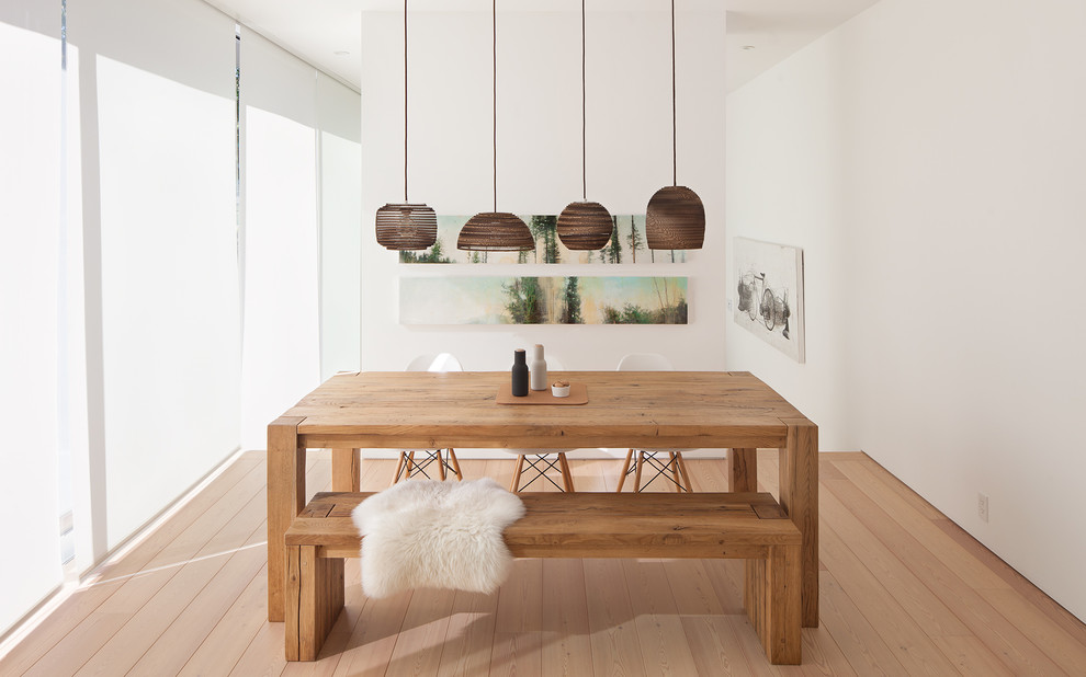 Стильный дизайн: кухня-столовая среднего размера в современном стиле с белыми стенами и паркетным полом среднего тона без камина - последний тренд