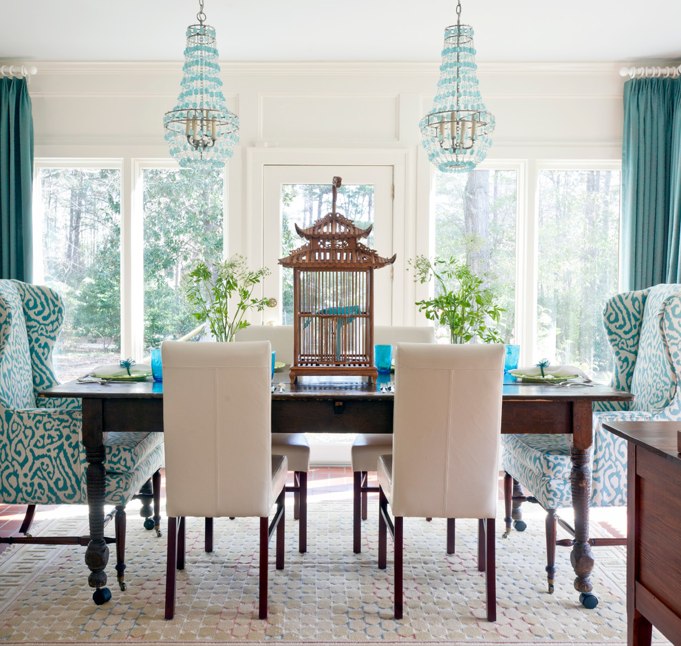Inspiration for an eclectic beige floor dining room remodel in Other with white walls