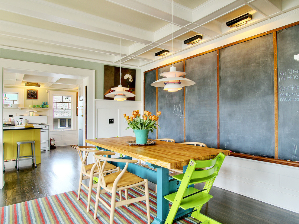 Eclectic dark wood floor dining room photo in Seattle with white walls