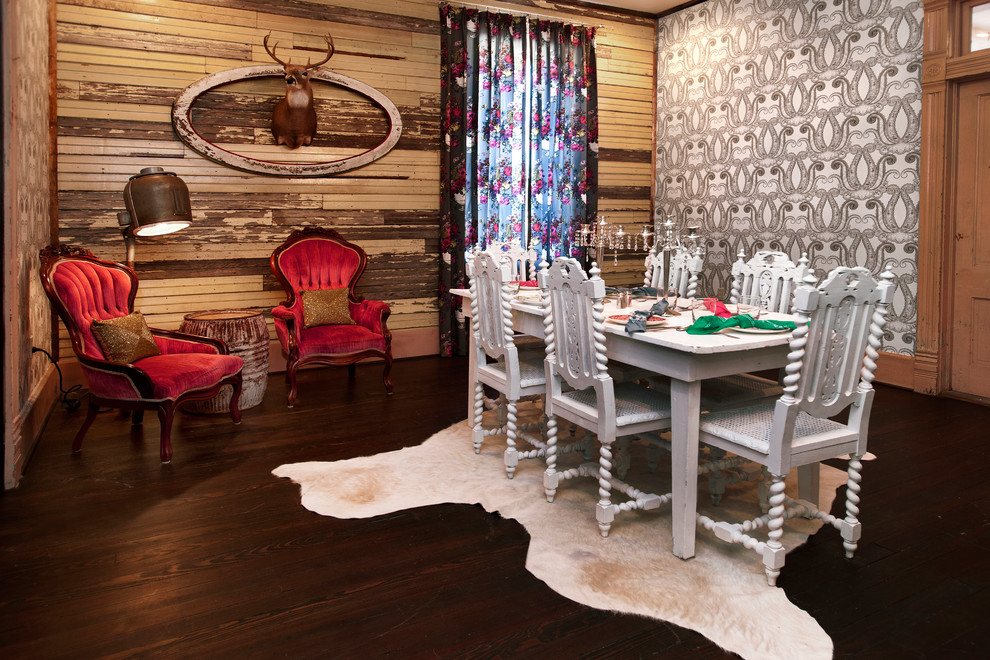 Large eclectic dark wood floor enclosed dining room photo in Oklahoma City with multicolored walls and no fireplace
