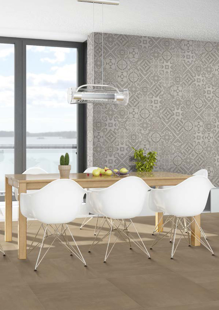 Eclectic dining room with decorative porcelain tile wall - Eclectic ...